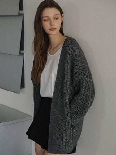 Balloon Sleeve Wool Blend Oversized Cardigan [Charcoal] - DEHEVE - Modalova