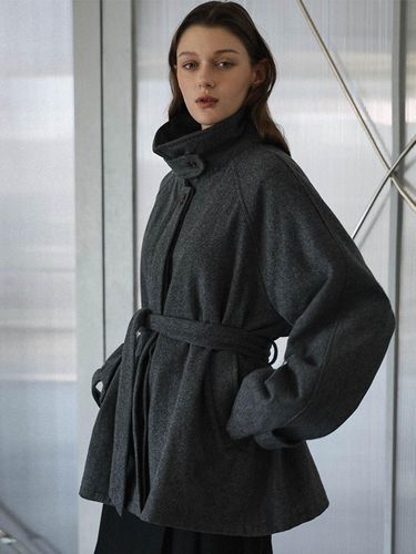 Belted High-Neck Wool-Blend Half Coat [Charcoal] - DEHEVE - Modalova