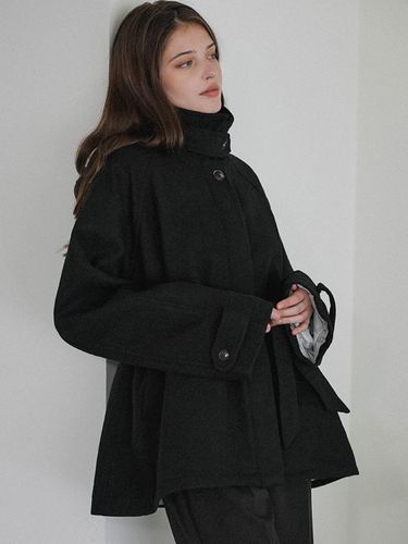 Belted High-Neck Wool Blend Half Coat [Black] - DEHEVE - Modalova