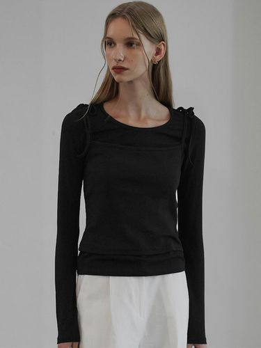 Ribbon Sleeveless Cotton Blend T-shirt [Black] - DEHEVE - Modalova