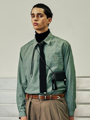 Seersucker Cotton-Rayon Stripe Shirt and Knit Tie Set [GREEN] - S SY - Modalova