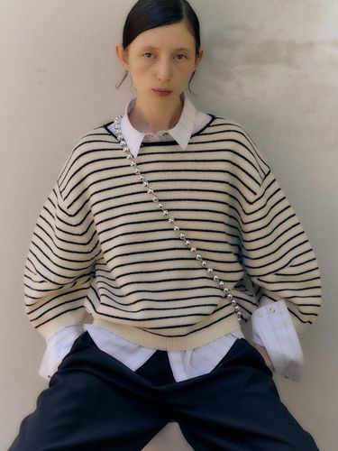 Balloon Sleeve Cropped Knit Top [STRIPE] - SALTY PEBBLE - Modalova