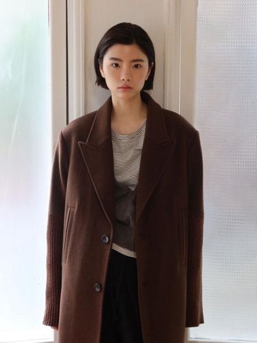 Knitted Sleeve Wool Blend Long Coat [BROWN] - SALTY PEBBLE - Modalova