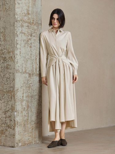 Tie Waist Long Sleeve Midi Shirt Dress [Light Beige, Blue] - yyiam - Modalova