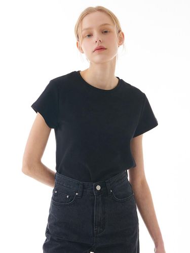 Semi Cropped Cotton Blend T-Shirt [Black] - camino - Modalova