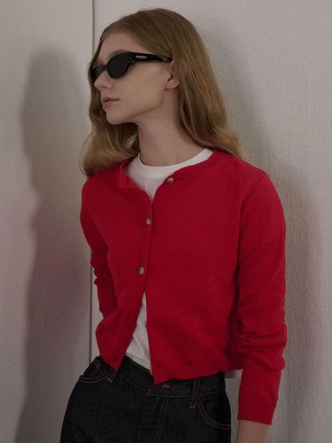 Round Neck Semi Crop Lightweight Cardigan [Red] - camino - Modalova