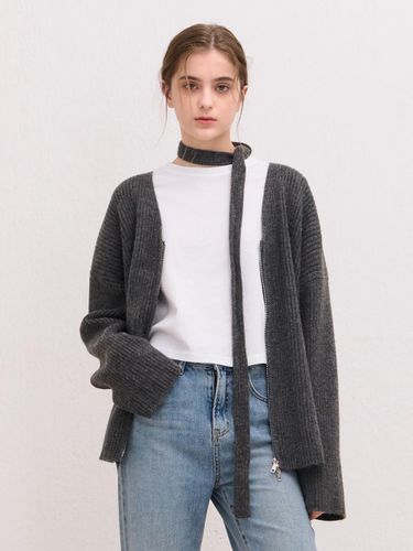 V-neck Two-way Ribbon Oversized Cardigan [Charcoal] - camino - Modalova