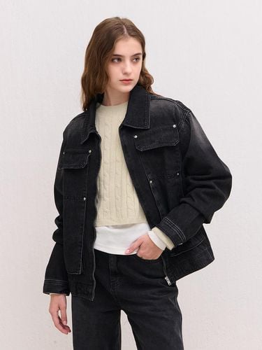 Pocket Oversized Mid-Hip Denim Jacket [Black] - camino - Modalova