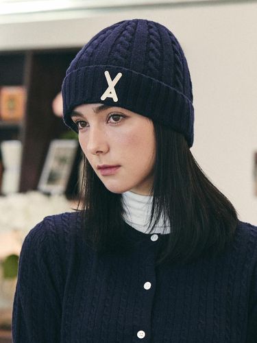 Appliqu Cable Knit Wool Blend Beanie [Navy] - VARZAR - Modalova