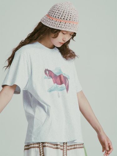 Loose Fit Horse Graphic T-shirt [Melange Grey] - MISU A BARBE - Modalova