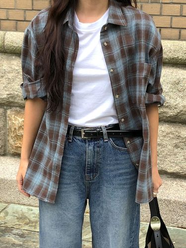 Brushed Cotton Blend Check Oversized Shirt [Brown] - SO IR - Modalova