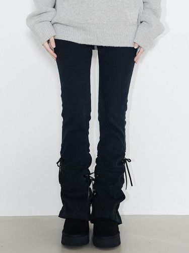 Ribbon Shirring Boot-Cut Cotton Pants [Black] - HIGHSCHOOLDISCO - Modalova