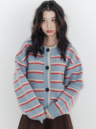 Striped Wool Knit Relaxed Cardigan [Sky Blue] - HIGHSCHOOLDISCO - Modalova