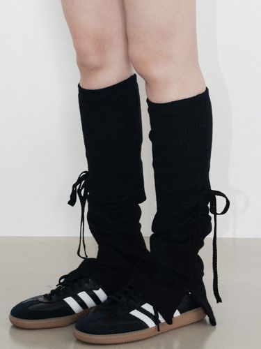 Ribbon Slit Wool Ribbed Leg Warmers [Black] - HIGHSCHOOLDISCO - Modalova