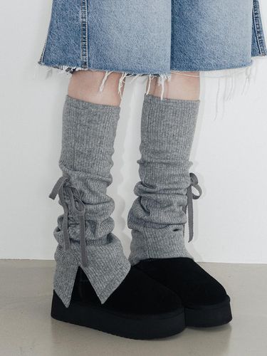 Ribbon Slit Wool Ribbed Leg Warmers [Grey] - HIGHSCHOOLDISCO - Modalova