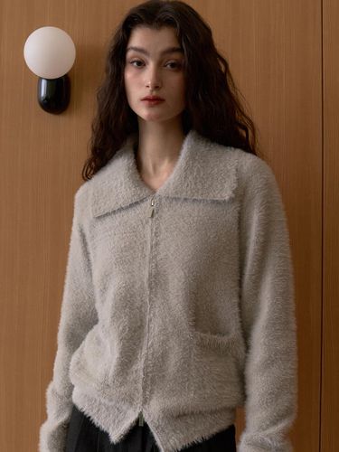 Soft Fur Full Zip-up Sailor Collar Knit [Pale Grey] (OU1564) - ouie - Modalova