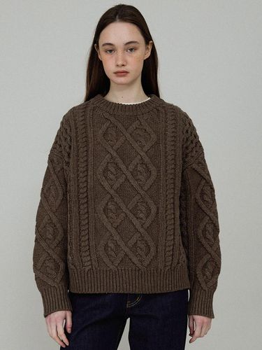 Cable Knit Loose Fit Wool Pullover [Brown] - L’EAU - Modalova