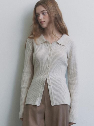 Open Collar Ribbed Merino Wool Cardigan [Light Brown] (1304) - ourcomos - Modalova