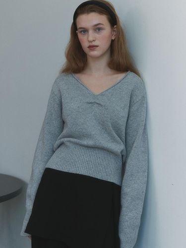 V-neck Shirring Wool Cashmere Knit [Melange Gray] (1306) - ourcomos - Modalova