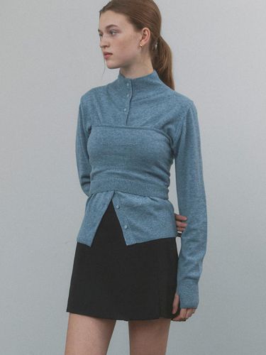 Layered Bustier Turtleneck Cardigan Set [Melange Blue] (1310) - ourcomos - Modalova