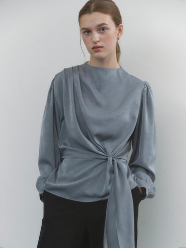 Draped Mock Neck Soft-touch Blouse [Blue Gray] (1321) - ourcomos - Modalova