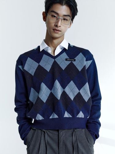 Argyle V-Neck Relaxed Fit Knit [Navy] - LECYTO - Modalova