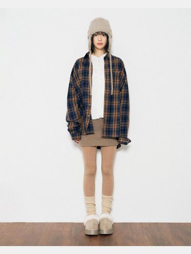 Layered Oversized Check Shirt [Camel Navy] - DIAMOND LAYLA - Modalova