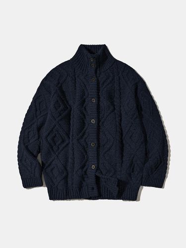 Turtleneck Diamond Pattern Cable Knit Cardigan [Dark Navy Melange] - DIAMOND LAYLA - Modalova