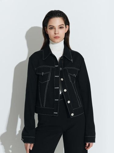 Block Embossed Texture Cropped Denim Jacket [Black] - CHAEnewyork - Modalova