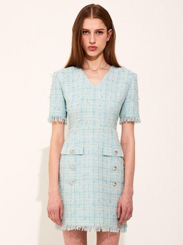 V Neck Fringe Tweed Body-Conscious Dress [Blue] - CHAEnewyork - Modalova