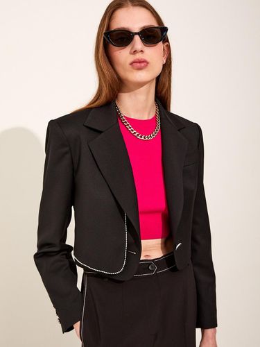 Wool Chain Cropped Unbalanced Jacket [Black] - CHAEnewyork - Modalova