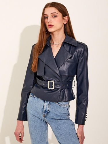 Double-breasted Crop Length Leather Jacket [Navy] - CHAEnewyork - Modalova