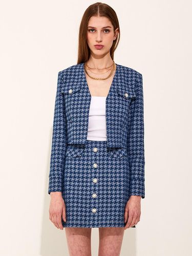 Houndstooth Denim V-neck Slim Fit Jacket [Deep Blue] - CHAEnewyork - Modalova