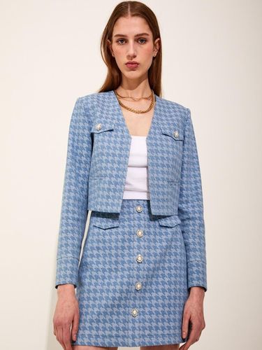 Houndstooth Denim V-neck Slim Fit Jacket [Light Blue] - CHAEnewyork - Modalova