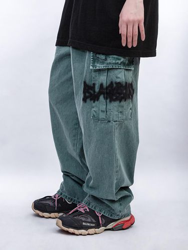 Graffiti Logo Wide Denim Cargo Pants [Deep Green] - BLACKBLOND - Modalova