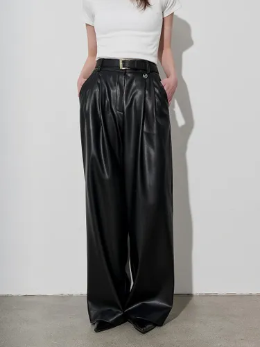 Fleece-Lined Leather Wide Double Pin Tuck Pants - MOONT - Modalova