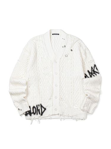 Graffiti Logo Ripped Piercing Knit Cardigan [Beige] - BLACKBLOND - Modalova