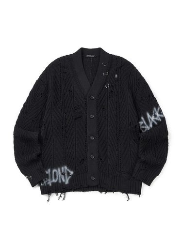 Graffiti Logo Ripped Piercing Knit Cardigan [Black] - BLACKBLOND - Modalova