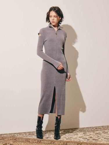 Ribbed Half-zip Slit Sleeve Long Dress - MIbyY - Modalova