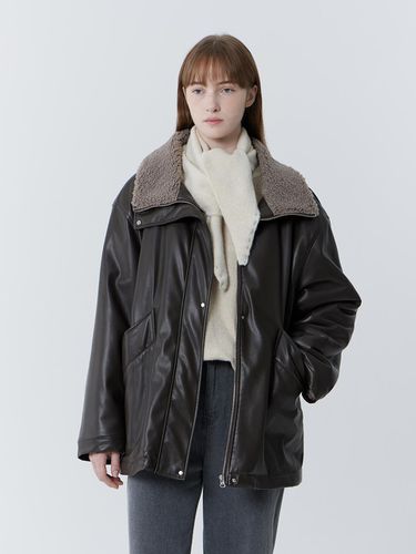 Fluffy Neo Double Placket Leather Jacket [BROWN] - JULIAPEPE - Modalova