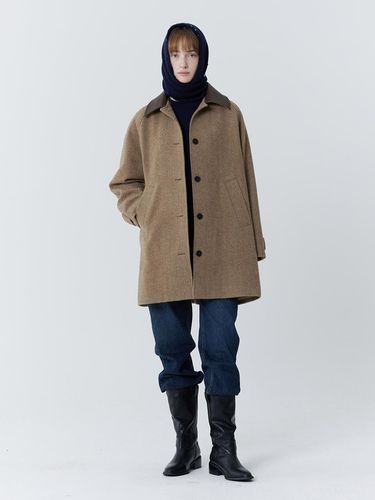 Herringbone Wool Leather Collar Balmacaan Coat [Brown] - JULIAPEPE - Modalova