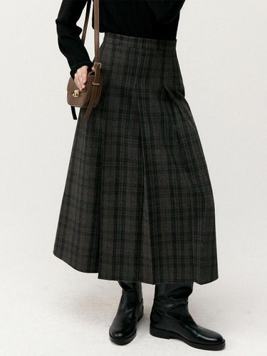 Pleated Wool Check Long Skirt [BROWN] - LOEIL - Modalova