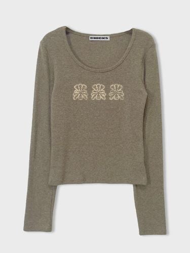 Fleece-lined Ethnic Plant Long Sleeve T-shirt [BROWN] - chicks - Modalova