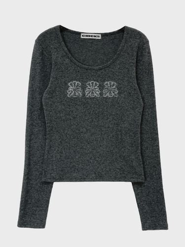 Fleece-lined Ethnic Plant Long Sleeve T-shirt [Charcoal Melange] - chicks - Modalova