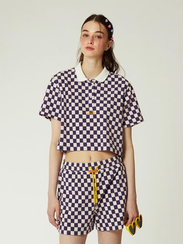 Checker Border Cropped Cotton Terry Polo [Beige/Purple] - ofcoursewhynot - Modalova