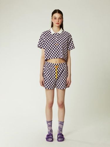 Cotton Terry Checker Mini Shorts [Beige/Purple] - ofcoursewhynot - Modalova