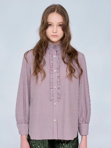 Collar Shirring Cotton Check Blouse [Brown] - VOYONN - Modalova