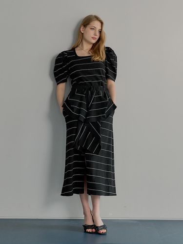 Striped Drape Cotton Skirt [BLACK] - MUSE BY ROSE - Modalova