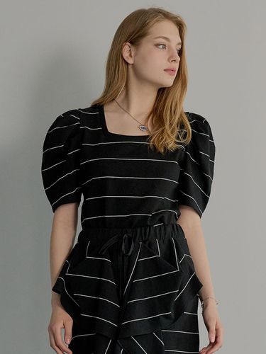 Striped Square Neck Puff-sleeve Cotton Top [BLACK] - MUSE BY ROSE - Modalova