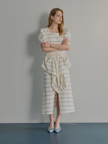 Striped Drape Cotton Skirt [Beige] - MUSE BY ROSE - Modalova